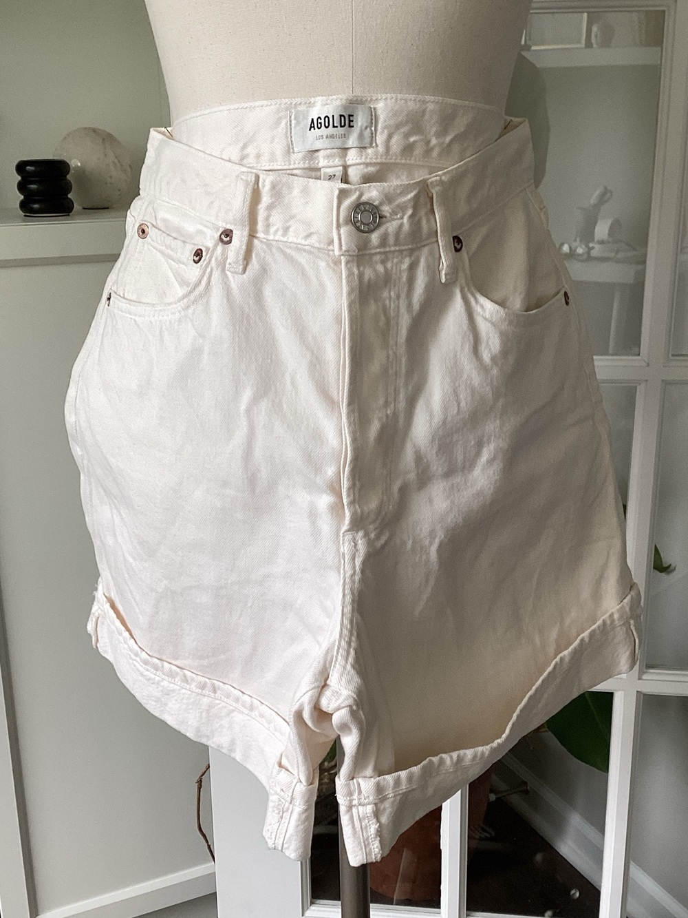 Agolde Dame Short High-Rise Cuff Cream White Denim Shorts